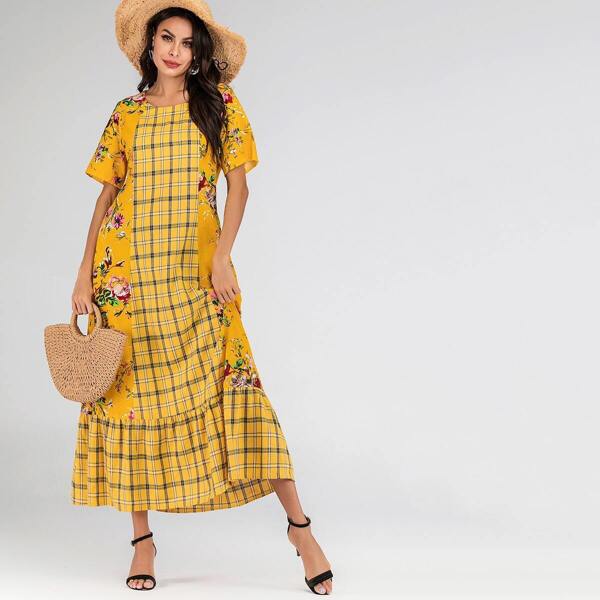 

Plaid & Floral Print Ruffle Hem Dress, Yellow