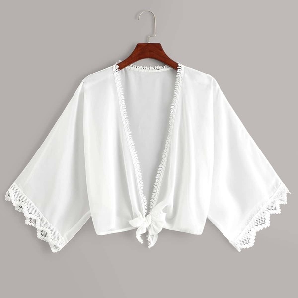 

Contrast Lace Knot Front Chiffon Kimono