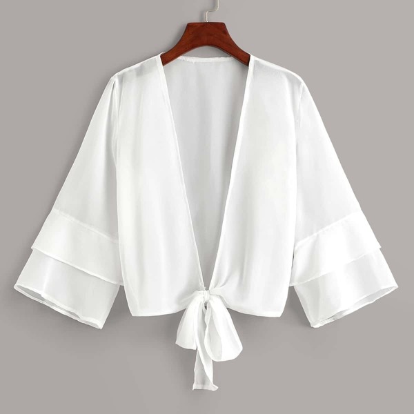

Knot Front Flounce Sleeve Chiffon Kimono