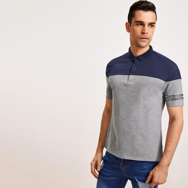 

Men Contrast Panel Letter Print Polo Shirt