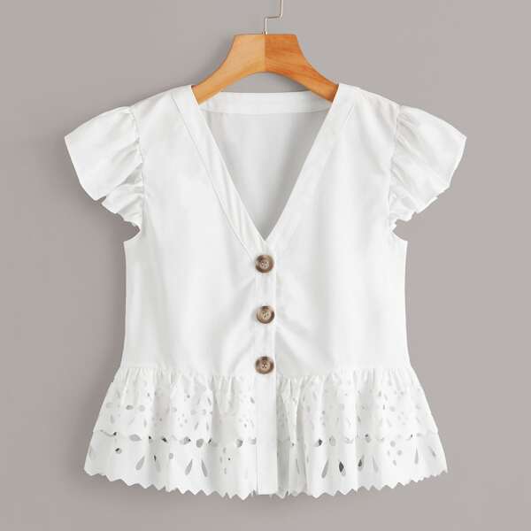 

Button Through Laser Cut Hem Blouse