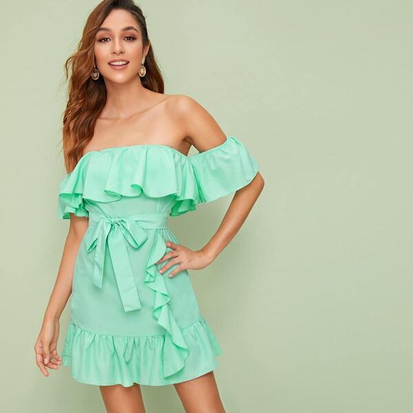 

Ruffle Trim Self Tie Off Shoulder Dress