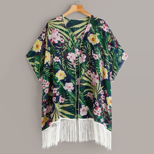 

Plus Tropical & Floral Fringe Hem Kimono, Multicolor