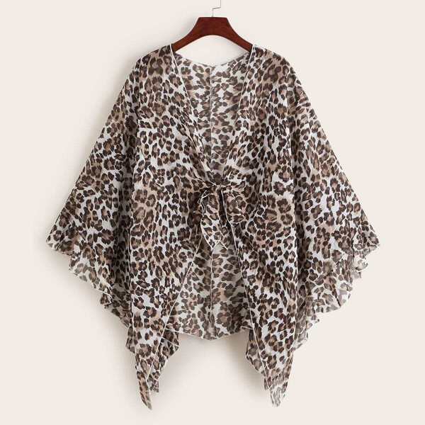 

Plus Leopard Knot Front Asymmetrical Kimono, Multicolor