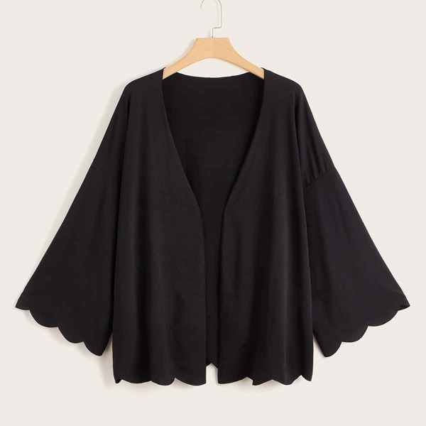 

Plus Open Front Scallop Trim Kimono, Black