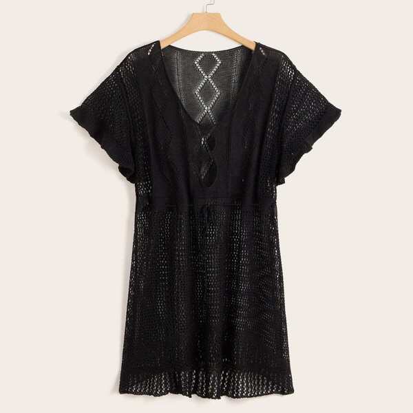 

Plus Crochet Tie Waist Cover Up, Black