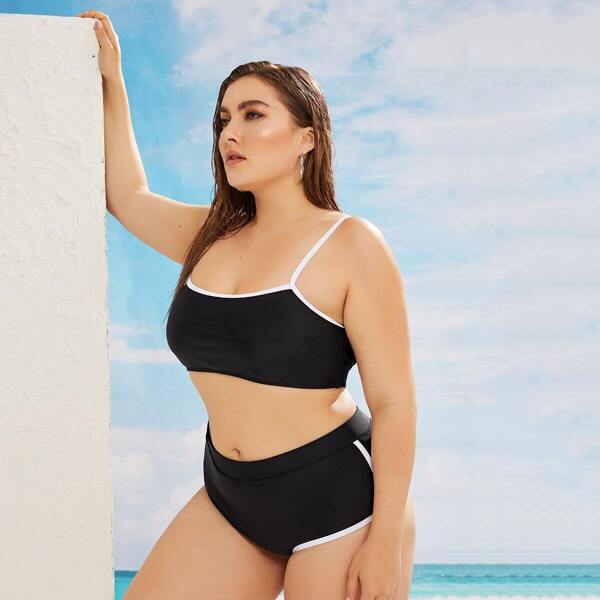 

Plus Contrast Piping Bikini Set, Black