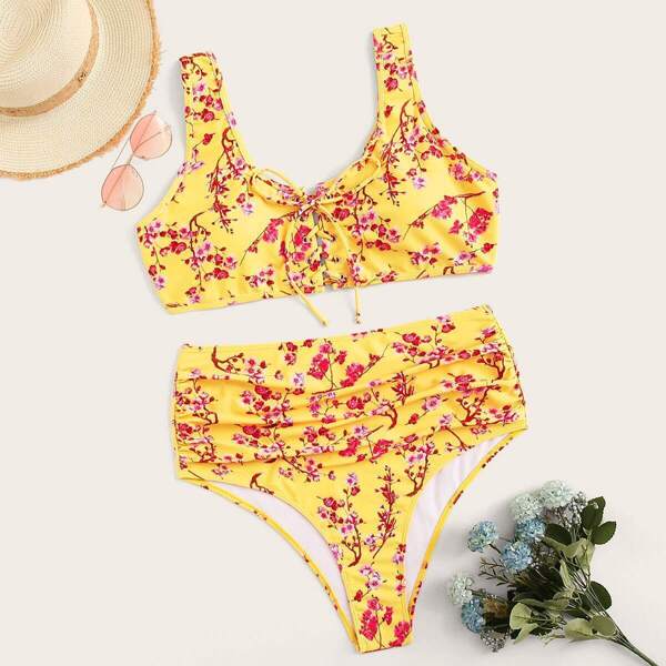 

Plus Floral Lace Up Bikini Set, Multicolor