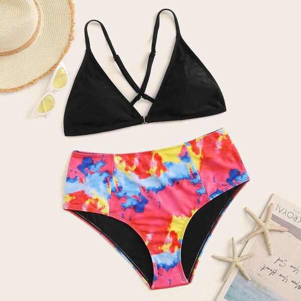 

Plus Criss Cross Top With High Waist Bikini Set, Multicolor