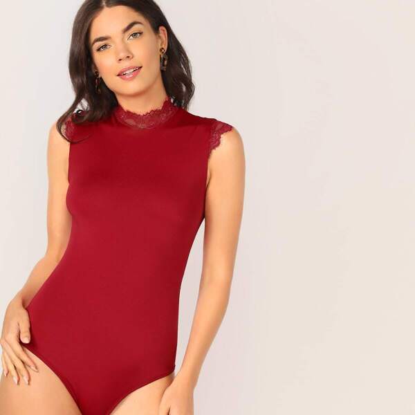 

Eyelash Lace Trim Form Fitted Bodysuit