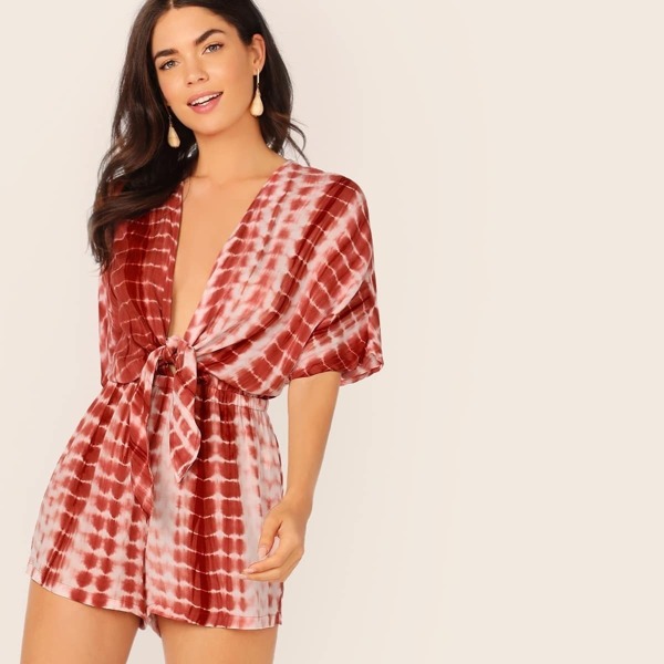 

Plunging Neck Knot Front Tie Dye Romper, Red