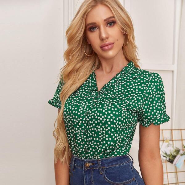 

Ditsy Floral Frill Trim Blouse, Green