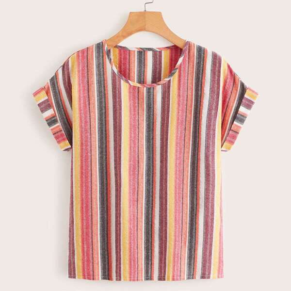 

Colorful Striped Roll Up Cuff Blouse