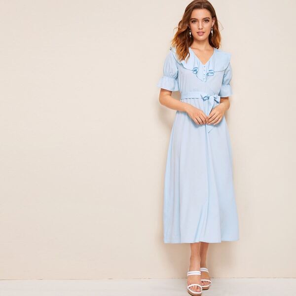 

Ruffle Trim Flounce Sleeve Belted Dress