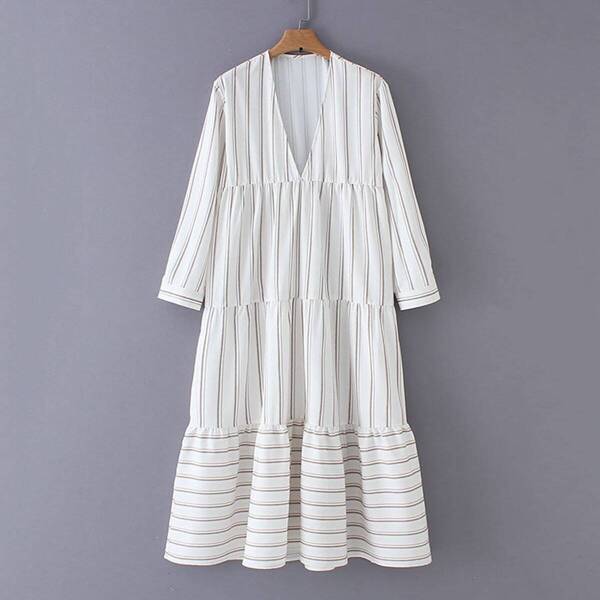 

Ruffle Hem Striped Dress, White