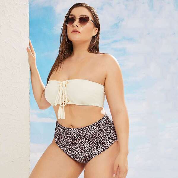 

Plus Lace Up Bandeau Top With High Waist Bikini, Multicolor