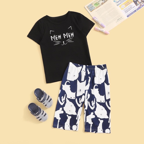 

Boys Cat & Letter Print Pajama Set, Multicolor