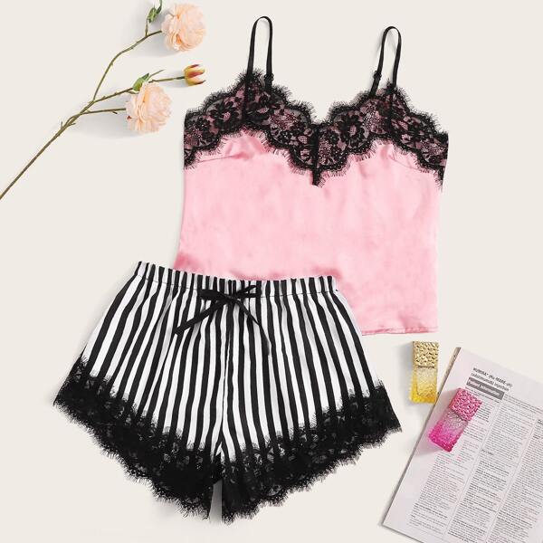 

Eyelash Lace Satin Cami With Striped Shorts, Multicolor