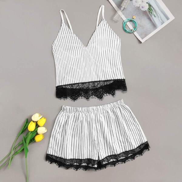 

Eyelash Lace Striped Cami With Shorts