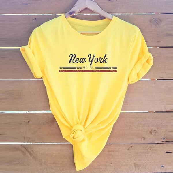 

Striped & Letter Graphic Tee, Yellow