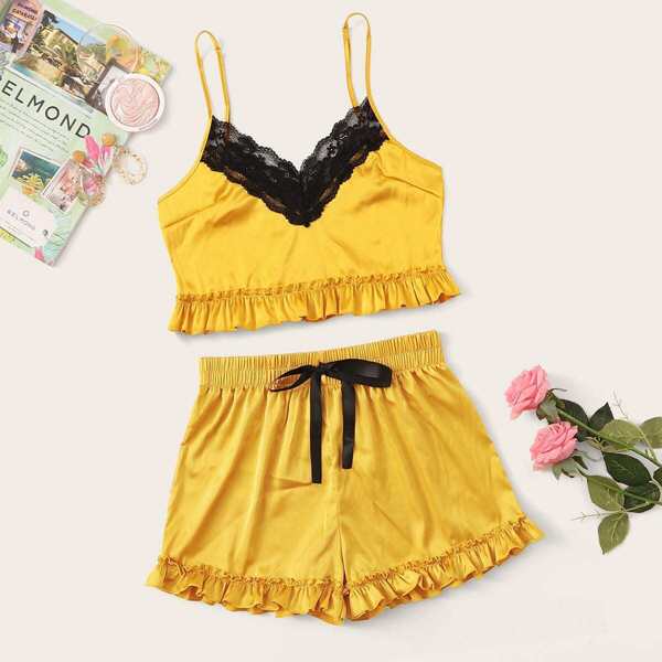

Floral Lace Ruffle Cami With Shorts