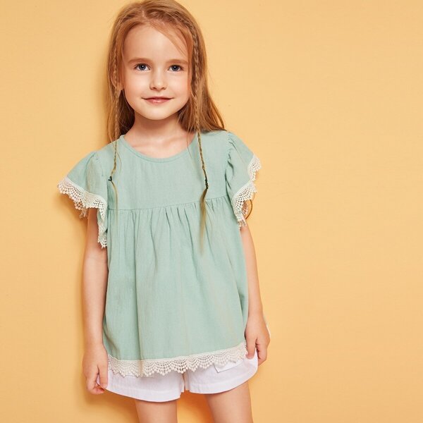 

Toddler Girls Flutter Sleeve Lace Trim Top
