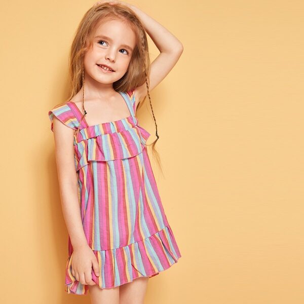 

Toddler Girls Square Neck Striped Ruffle Dress