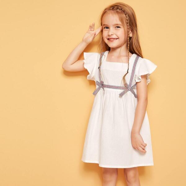 

Toddler Girls Striped Tape Tie Detail Ruffle Babydoll Dress, White
