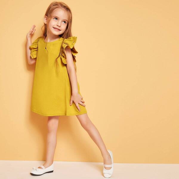 

Toddler Girls Keyhole Back Ruffle Armhole Solid Dress