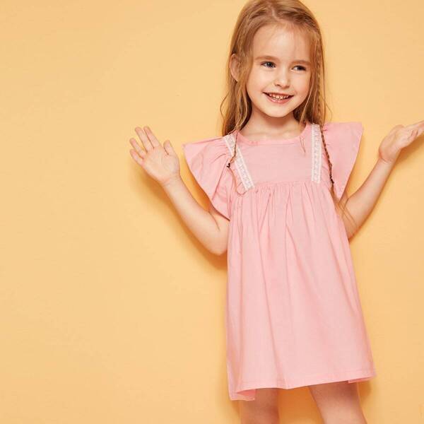 

Toddler Girls Lace Detail Flutter Sleeve Smock Dresses, Pink
