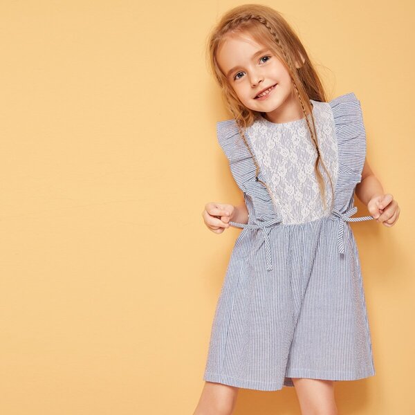 

Toddler Girls Lace Insert Ruffle Armhole Striped Romper, Blue