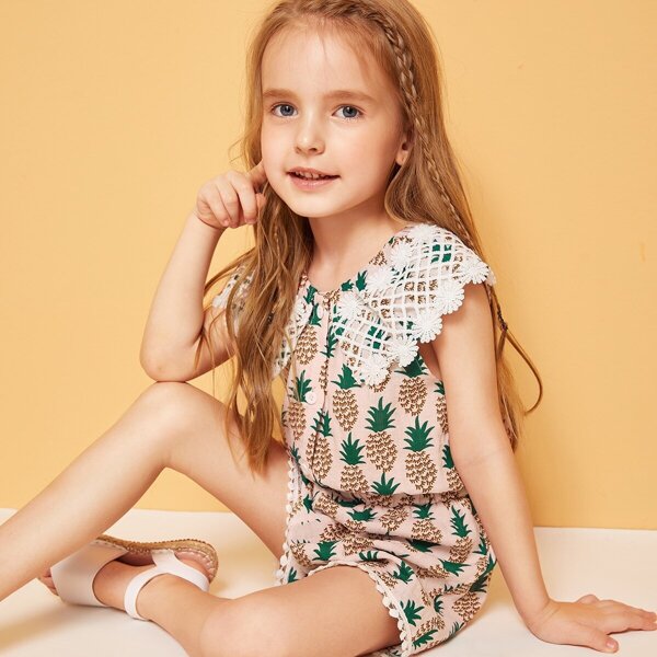 

Toddler Girls Pineapple Print Lace Trim Romper