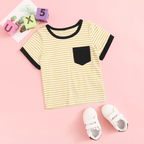 

Toddler Girls Pocket Patched Striped Ringer Tee
