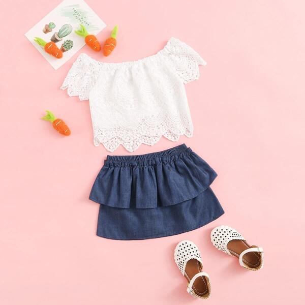 

Toddler Girls Guipure Lace Top and Double Skirt Set
