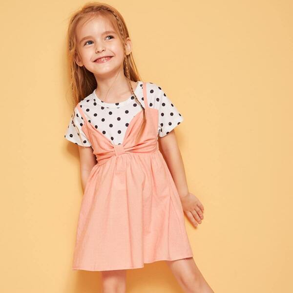 

Toddler Girls Polka Dot Tee and Bow Pinafore Skirt Set