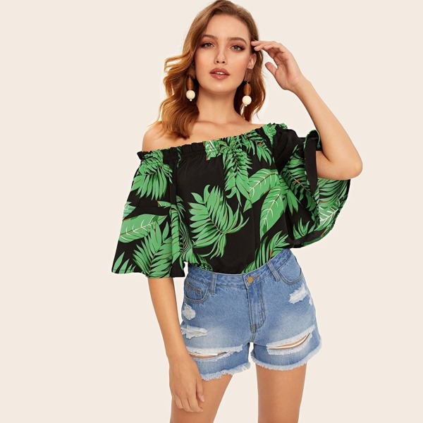 

Off Shoulder Bell Sleeve Tropical Print Top, Multicolor