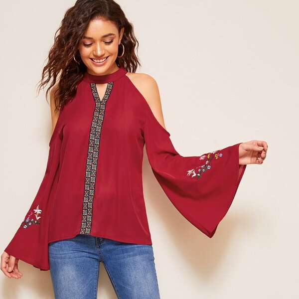 

Keyhole Halterneck Bell Sleeve Embroidered Top, Burgundy
