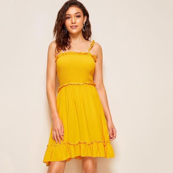 

Self Tie Shoulder Shirred Panel Frilled Dress