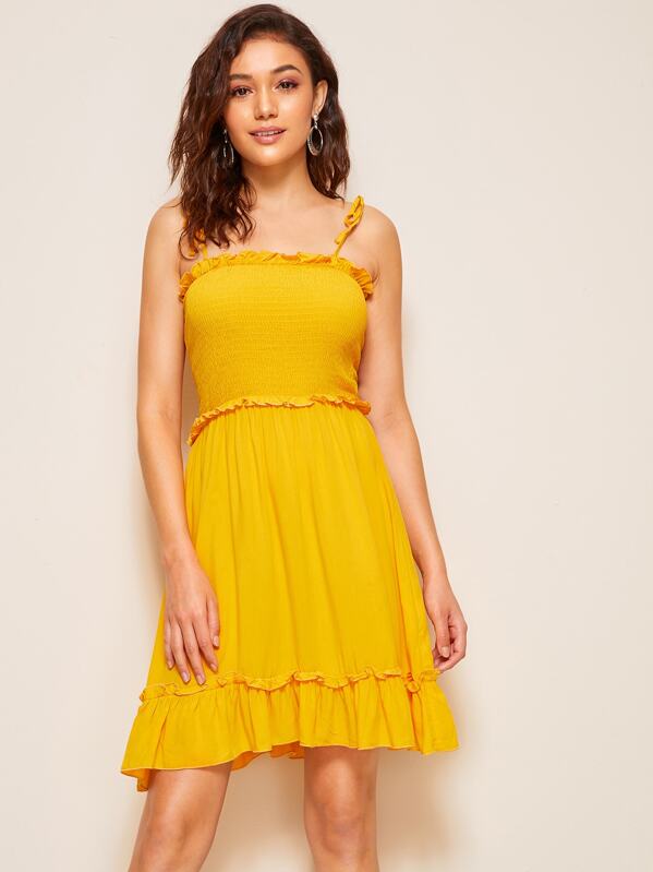 

Self Tie Shoulder Shirred Panel Frilled Dress, Yellow, Roberta B