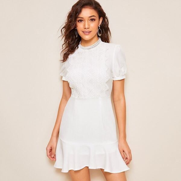 

Mock-neck Lace Applique Flippy Hem Dress