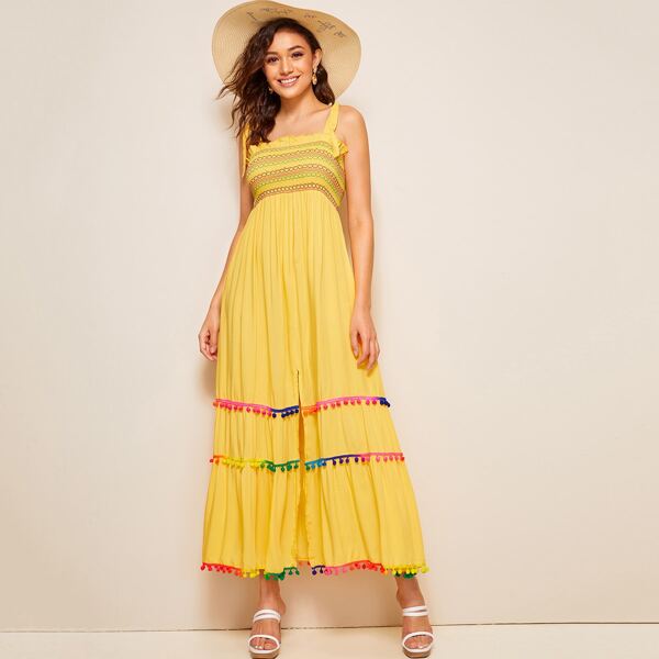

Self Tie Shoulder Shirred Bodice Pom Pom Detail Dress