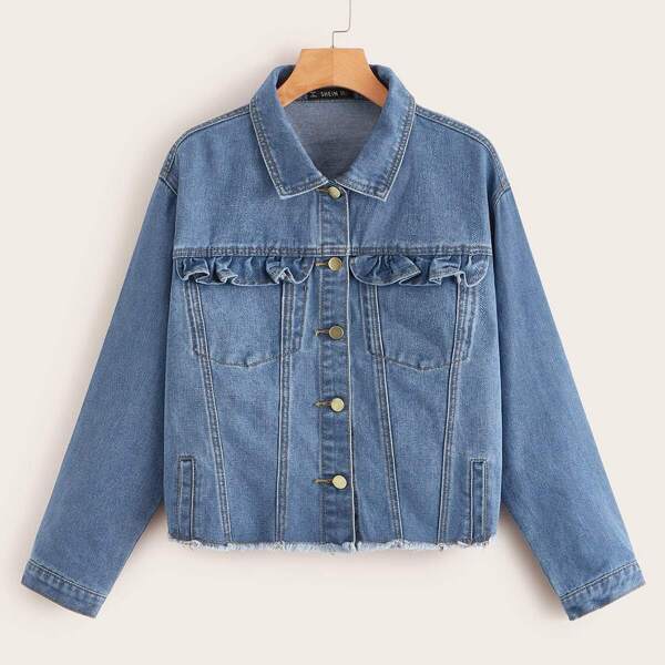 

Button Front Raw Hem Frill Trim Denim Jacket