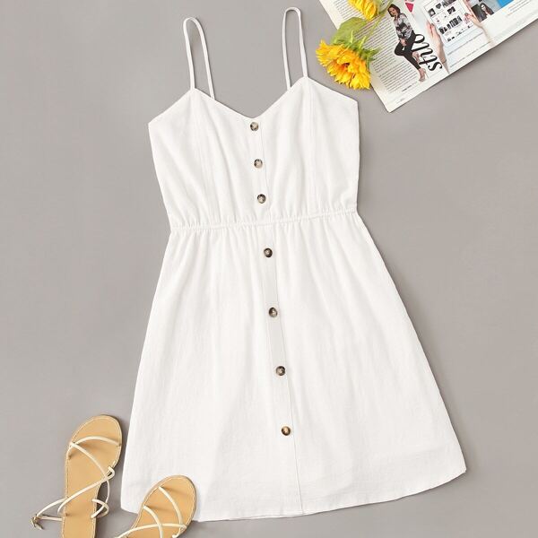 

Button Front Solid Cami Skort Romper, White