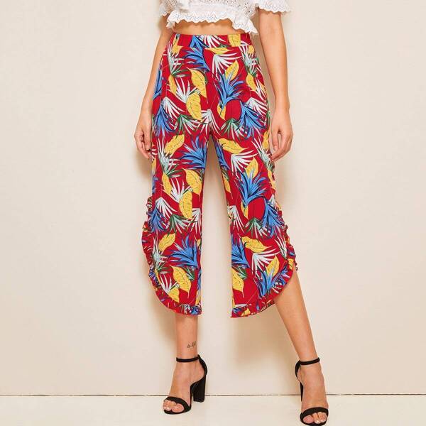 

Tropical Print Frill Trim Capri Pants, Multicolor