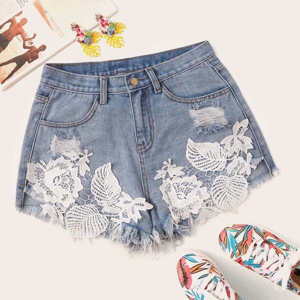 

Embroidered Applique Raw Hem Ripped Denim Shorts