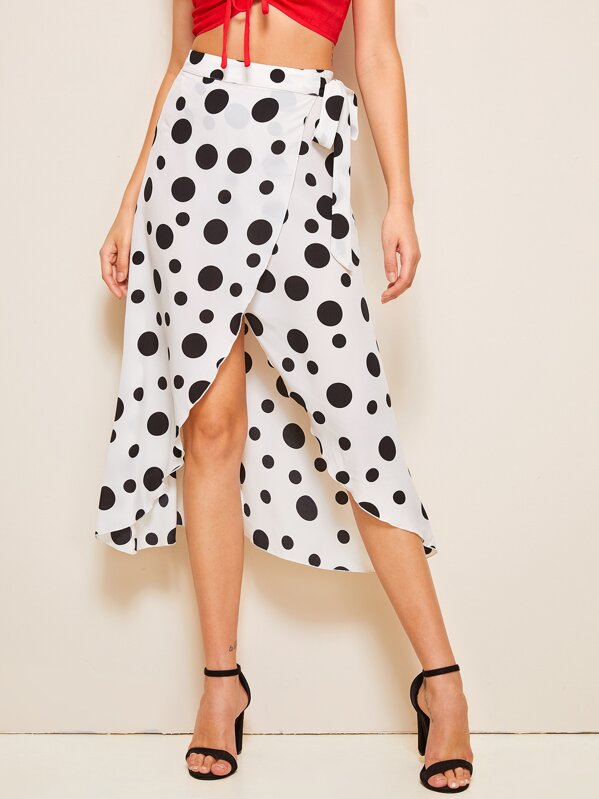 

Polka Dot Print Wrap Skirt, Black and white, Roberta B