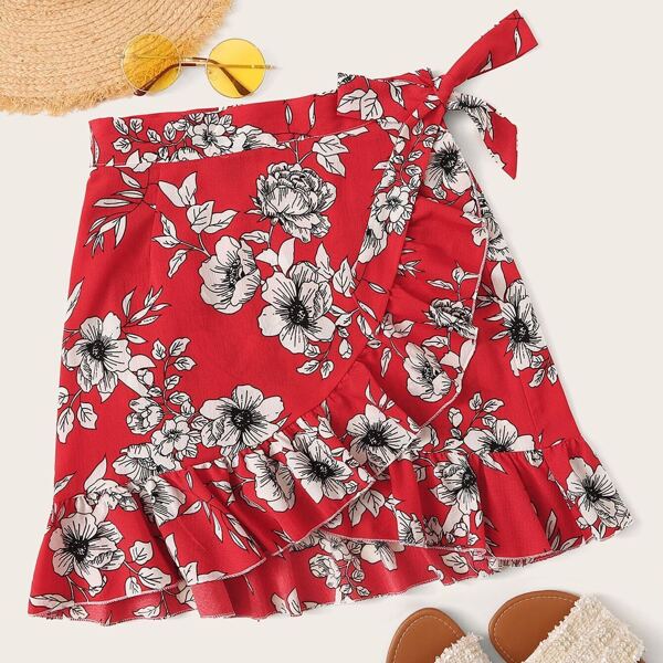 

Ruffle Trim Botanical Print Knot Side Wrap Skirt
