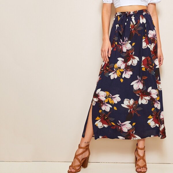 

Flower Print M-slit Belted Skirt