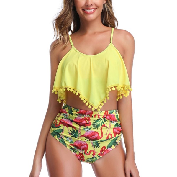 

Pom-pom Trim Hanky Top With Random Tropical Bikini, Yellow
