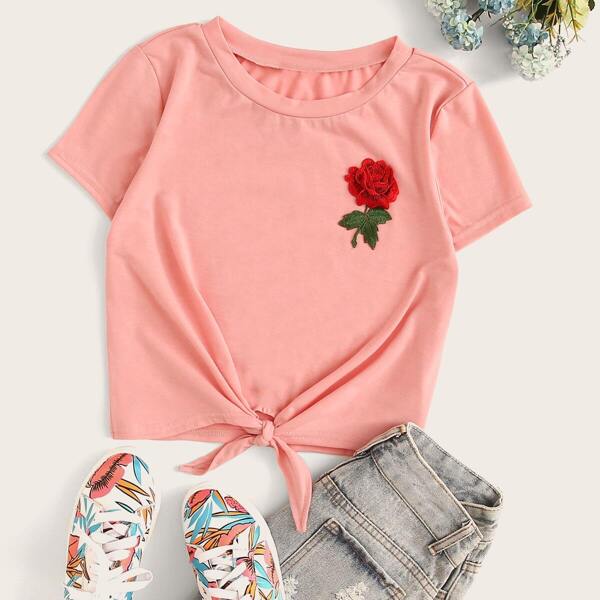 

Rose Applique Knot Hem T-shirt, Pink